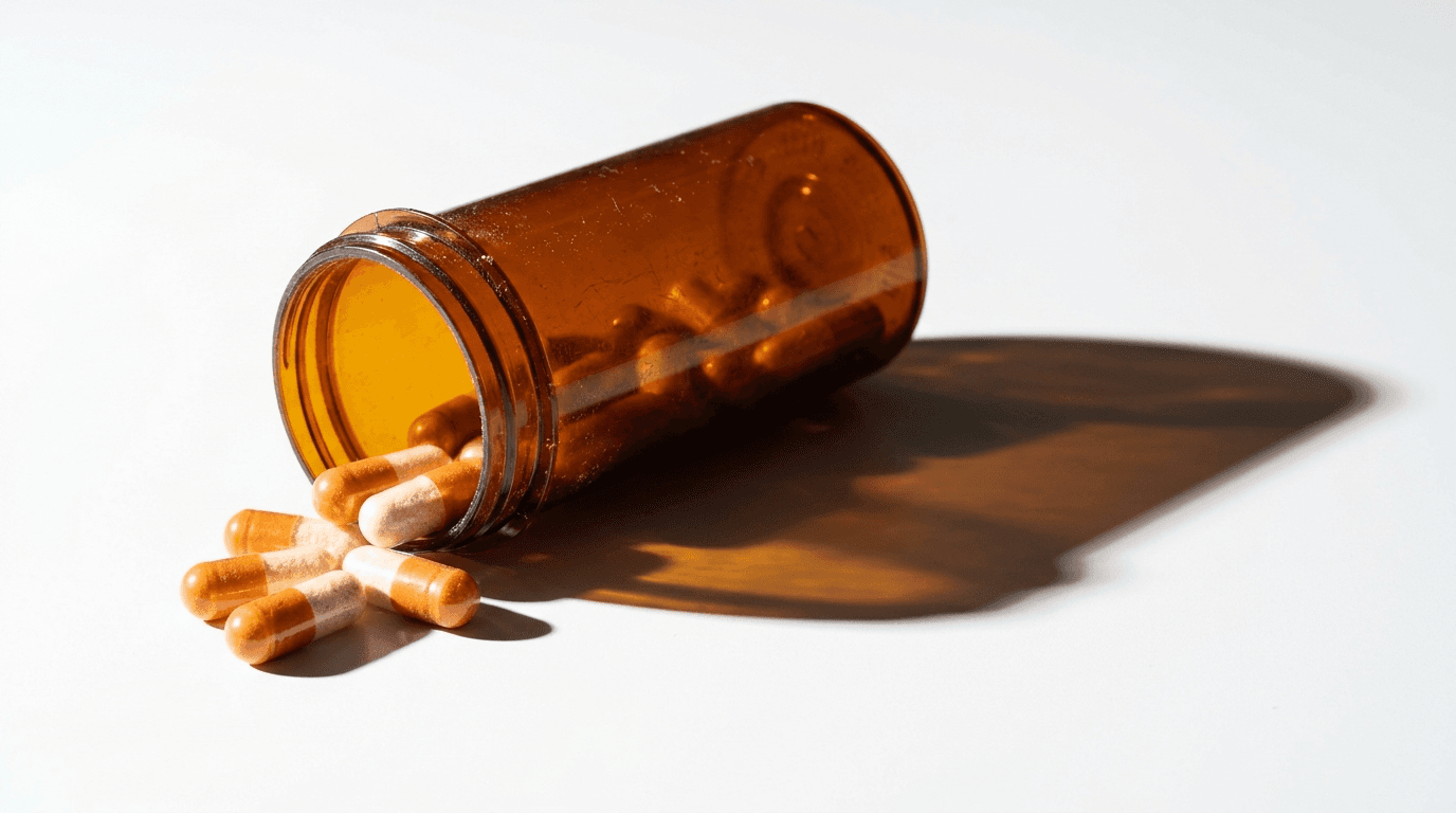 Amber prescription bottle on a white bathroom countertop, soft diffused light