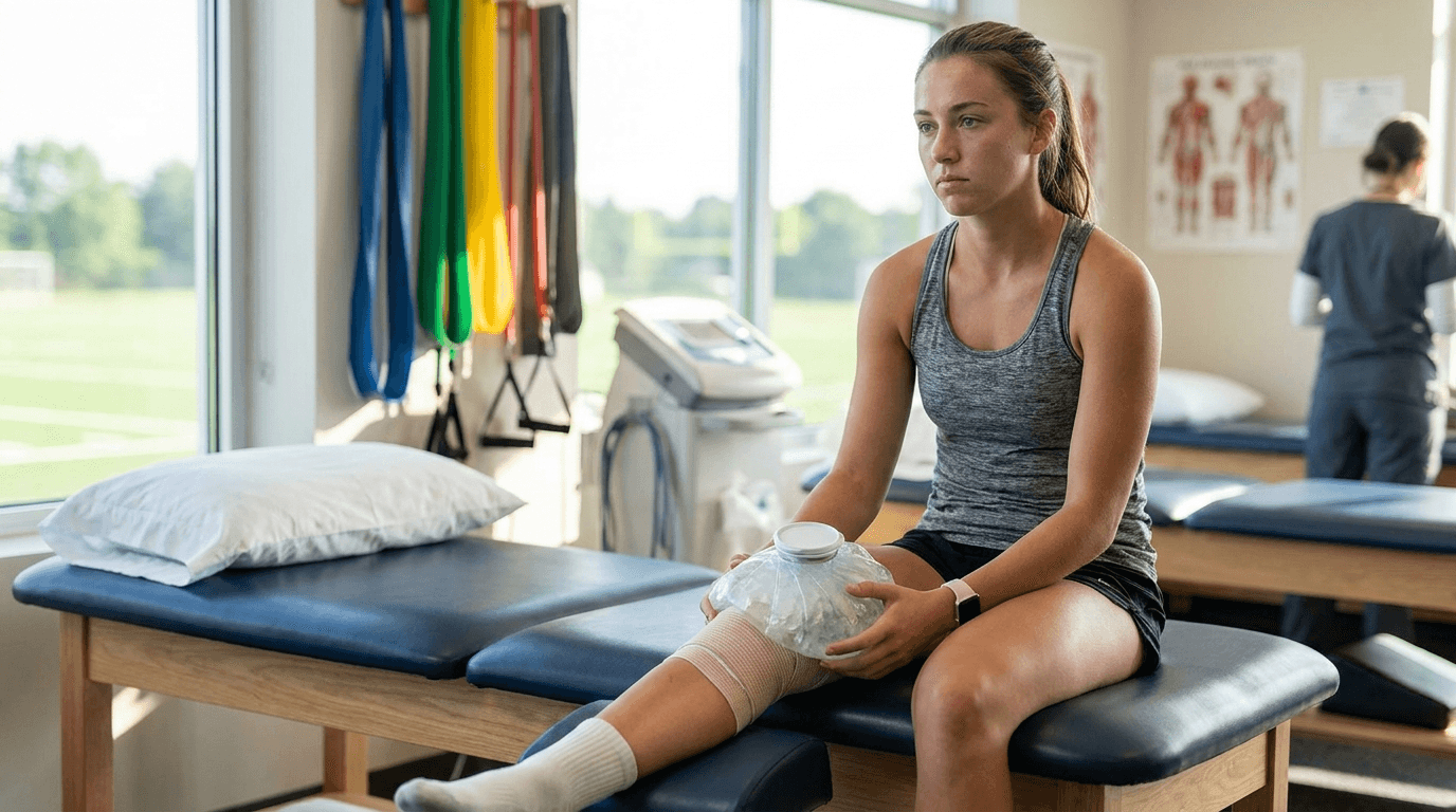 Athletic person doing a light recovery stretch in a bright gym after exercise