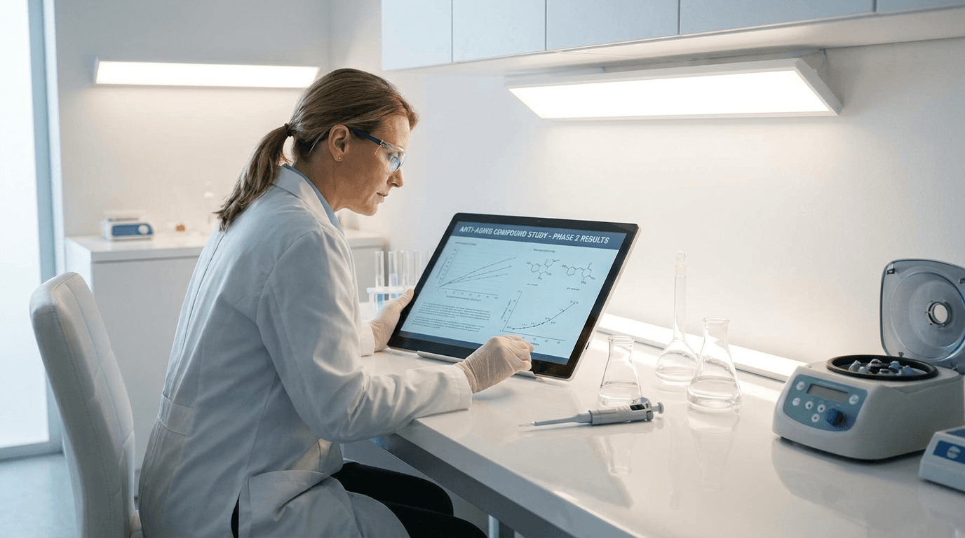 Research lab with microscope and sample trays, scientist in background reviewing data