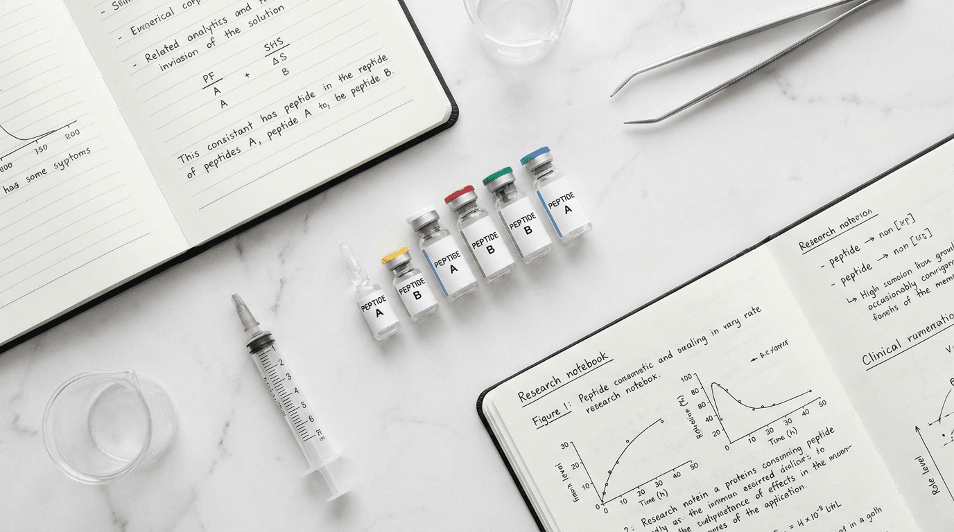 Clear glass research vials on a white marble lab surface with soft overhead lighting