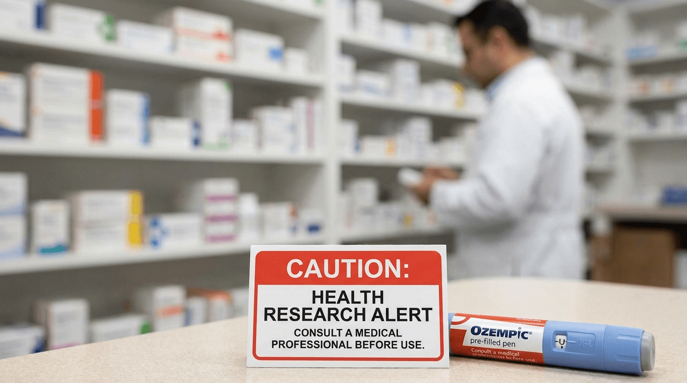 Warning symbol overlaid on an out-of-focus image of unlabeled vials on a dark surface