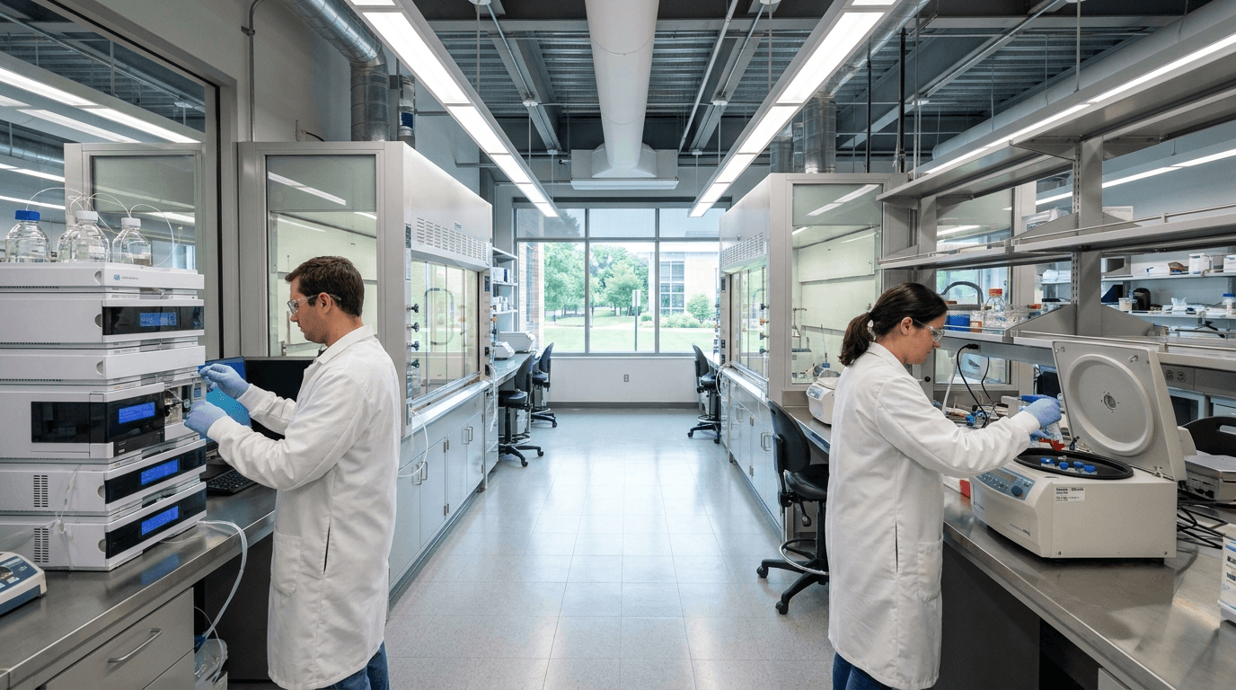 Researcher reviewing peptide research data in a clean modern laboratory