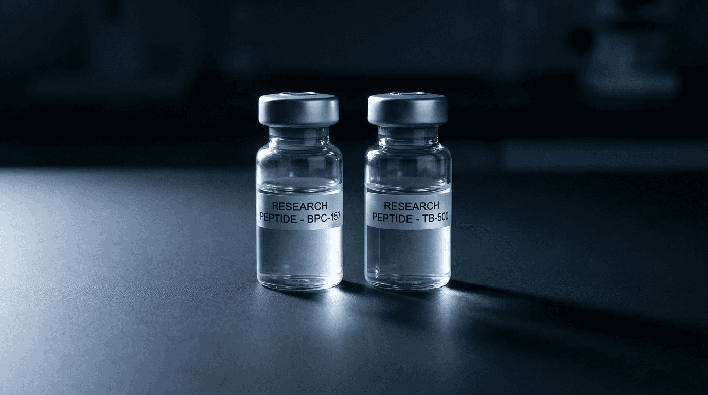 Two small glass research vials next to each other on a white marble surface