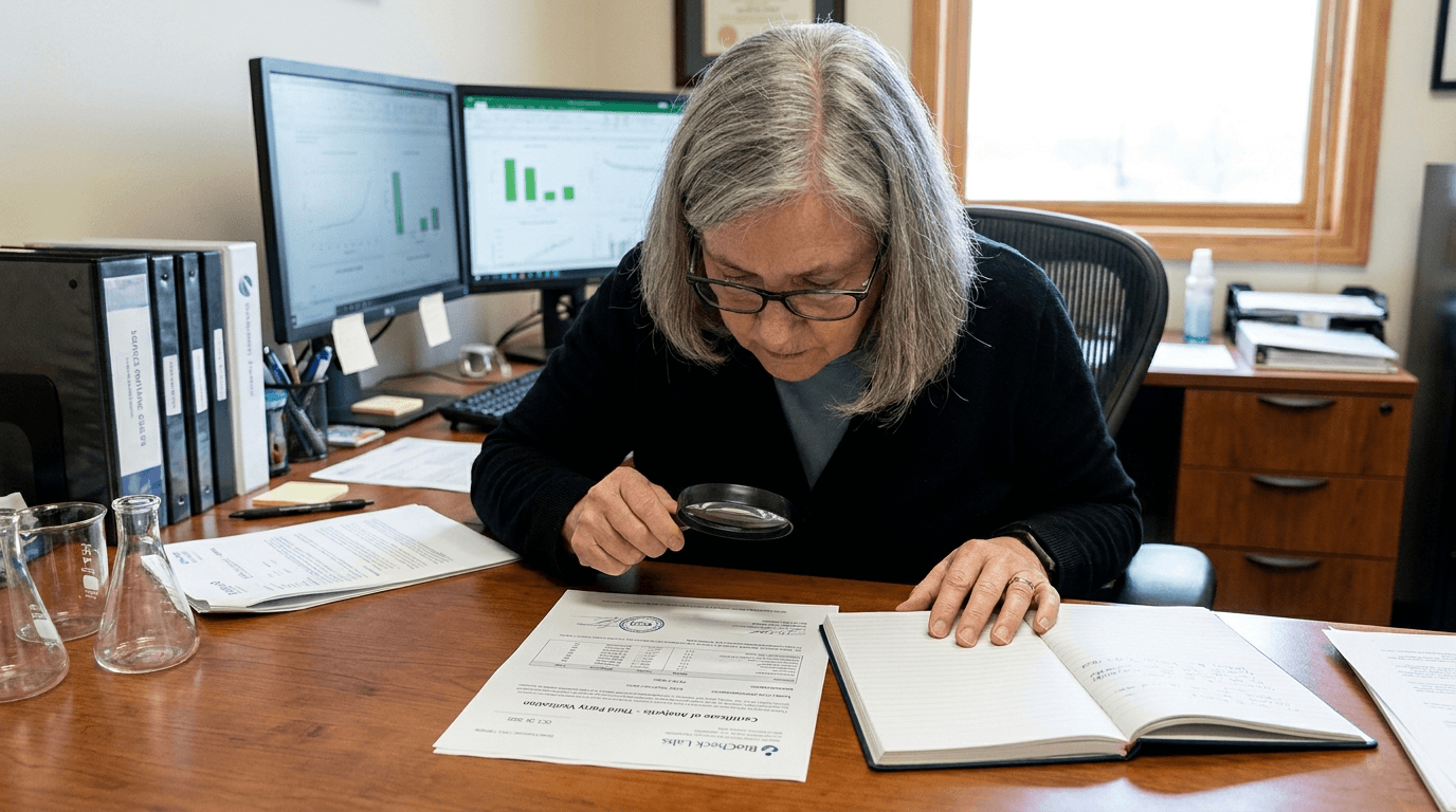 Researcher reviewing supplier documentation on a laptop at a clean white desk