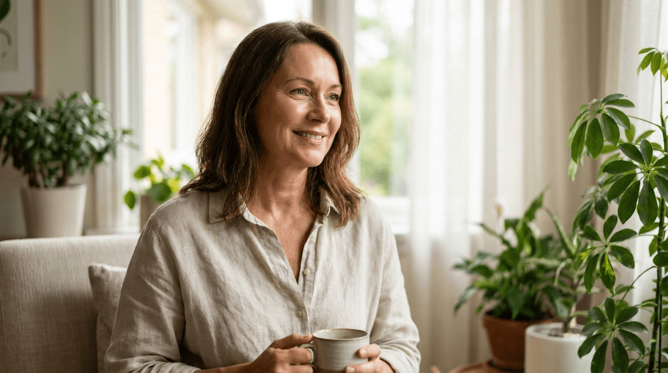 Well-lit close-up of a person in their 50s with clear skin looking at camera in natural light