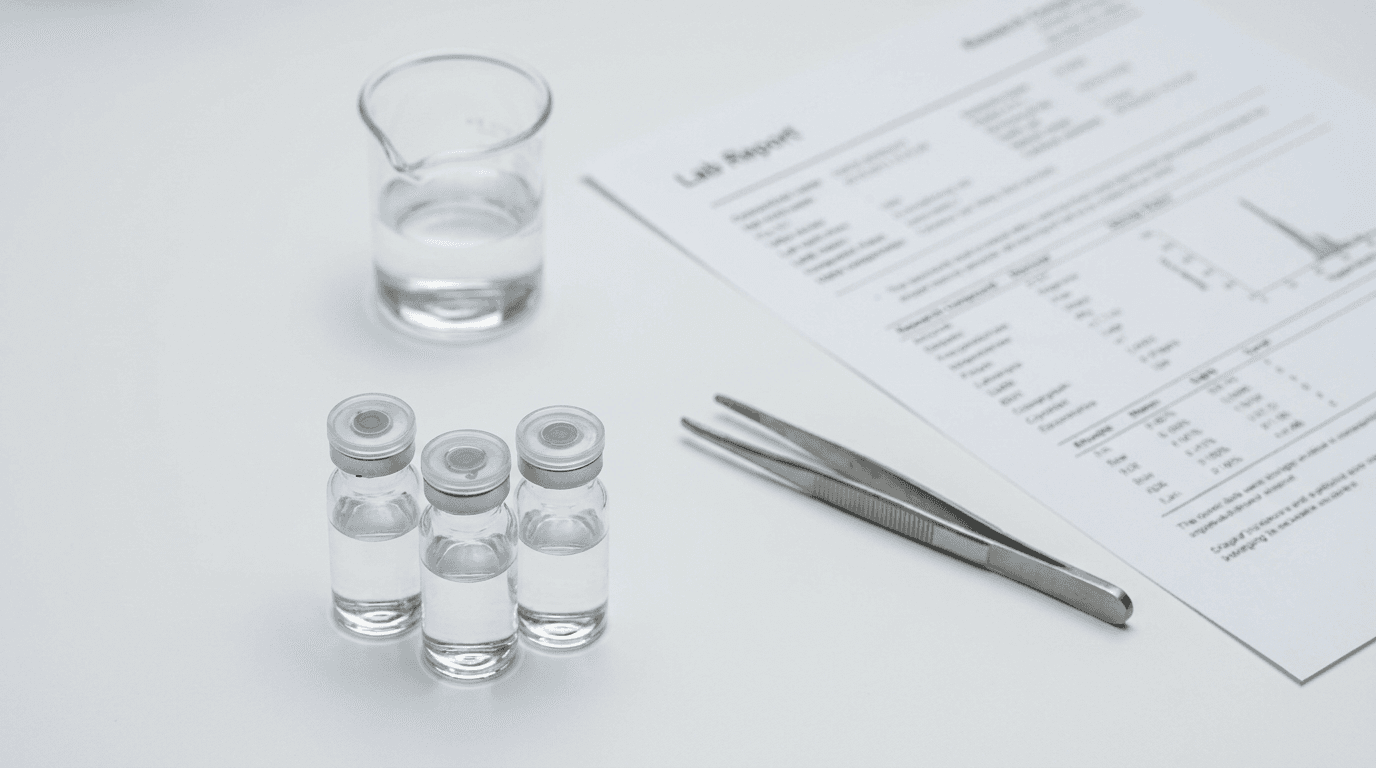 Small collection of clear glass research vials on a white marble surface