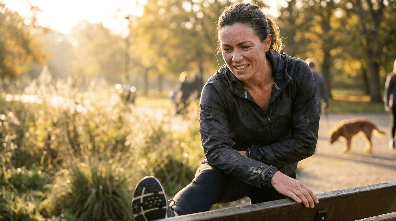 Woman running outdoors on a residential street in the morning, candid athletic photography