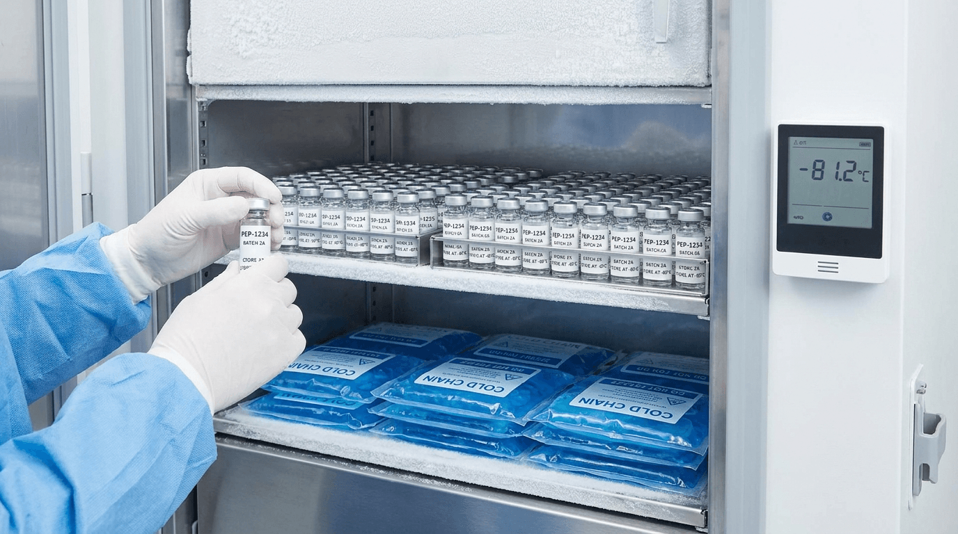 Organized refrigerator shelf with small labeled glass vials and a thermometer inside