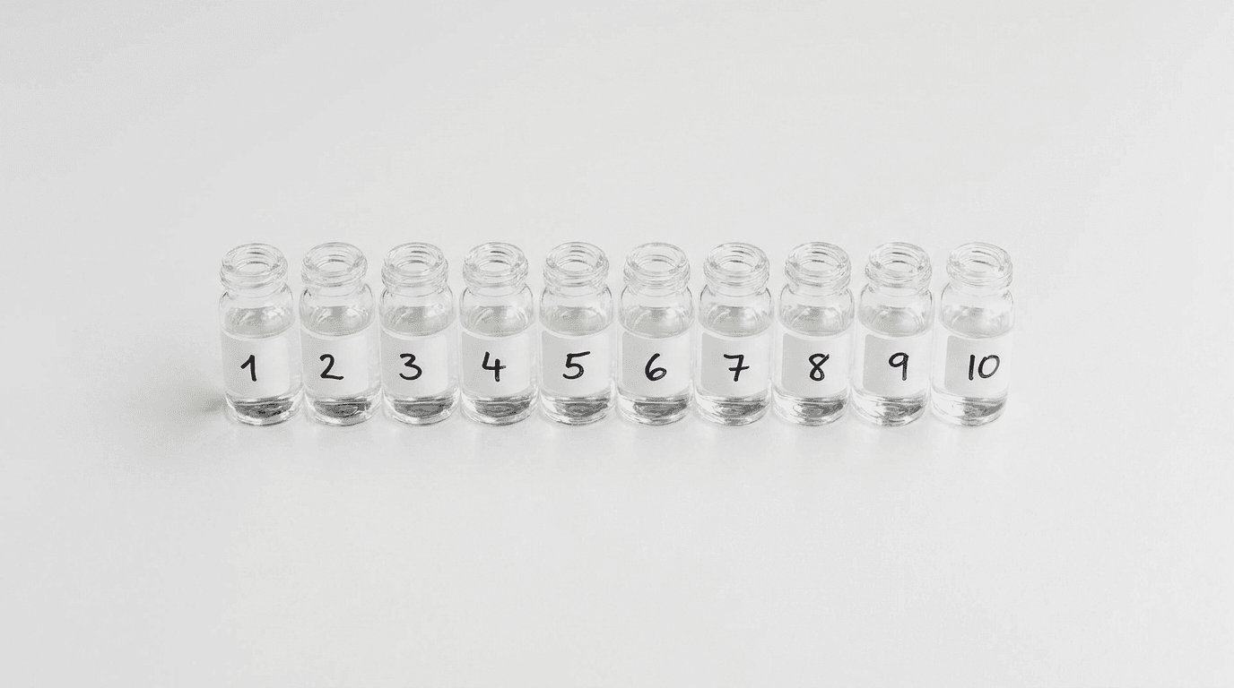 Row of ten small glass research vials arranged neatly on a white lab bench
