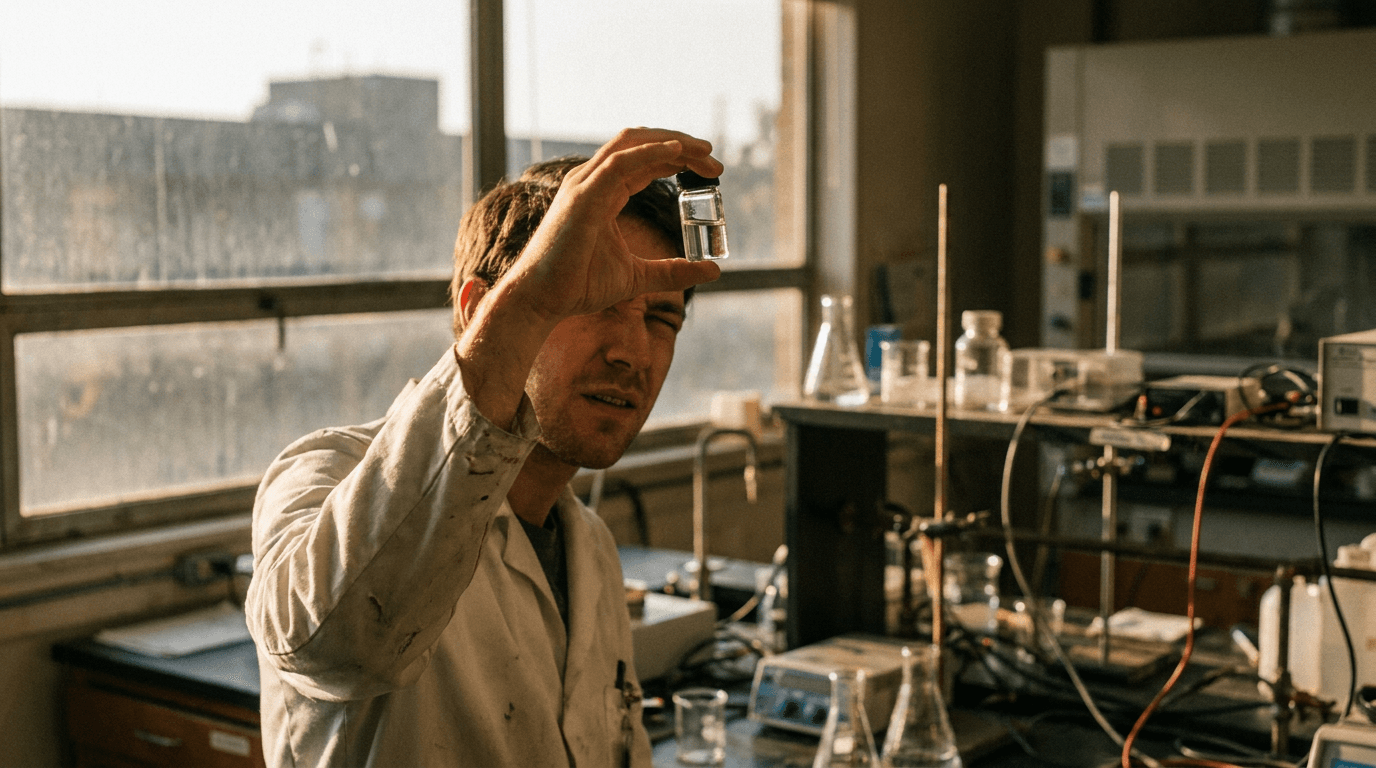 Researcher holding a glass vial up to natural window light in a laboratory