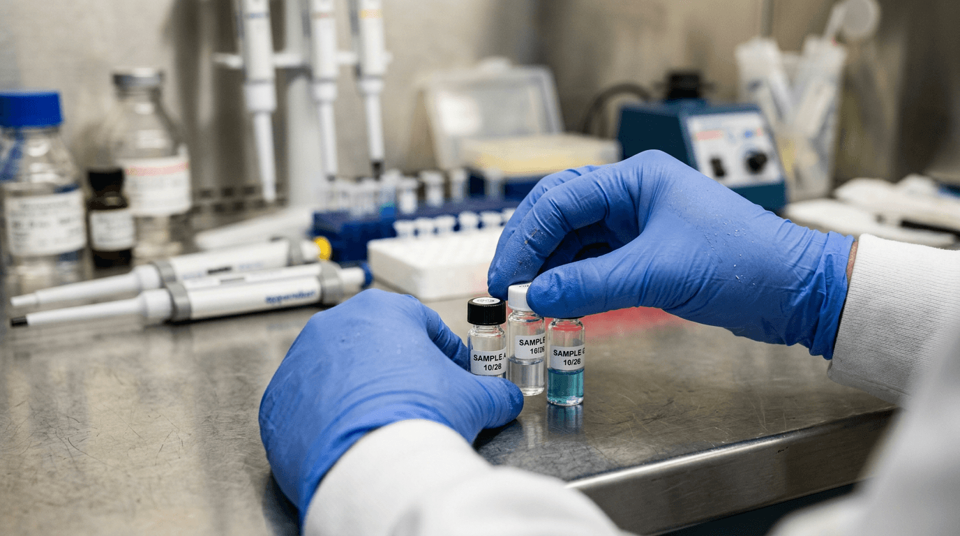 Close-up of gloved hands handling small glass vials on a lab bench
